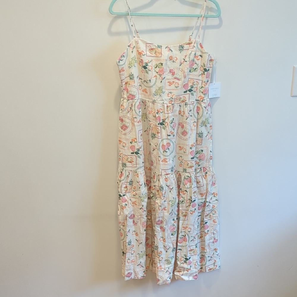 NWT Cynthia Rowley Linen Blend Fruit Print Midi Dress Large Coastal Beach Resort - Picture 2 of 9
